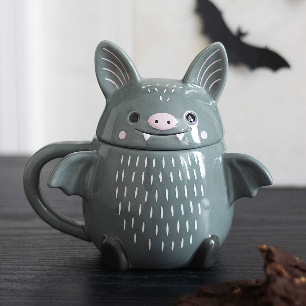 Kawaii süße Fledermaus Tasse Bat Mug in grau-schwarz mit Deckel