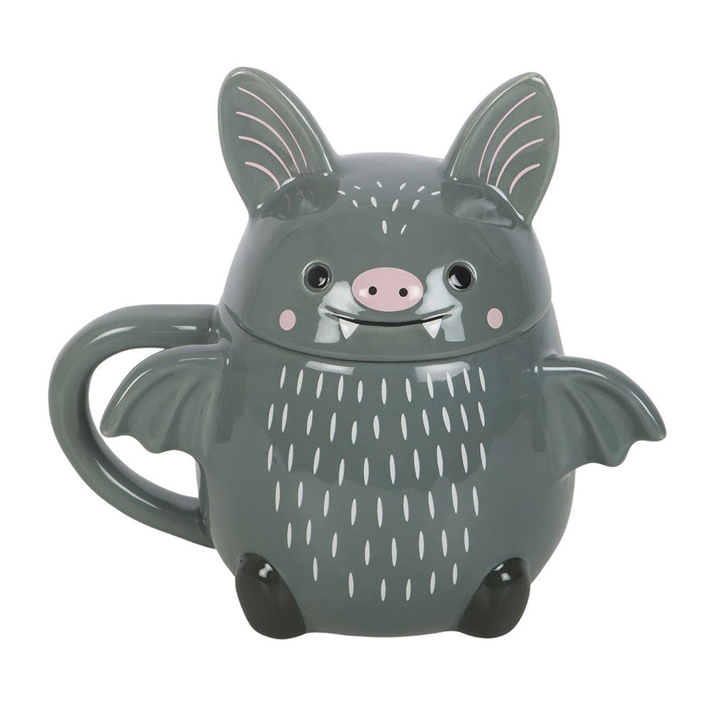Kawaii süße Fledermaus Tasse Bat Mug in grau-schwarz mit Deckel