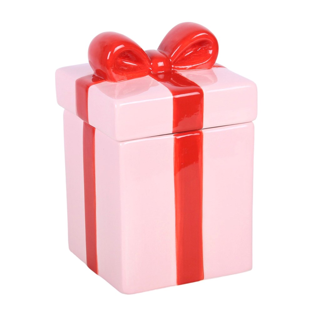 Gift Box Ceramic Tealight Holder – Frontansicht rosa mit roter Schleife
