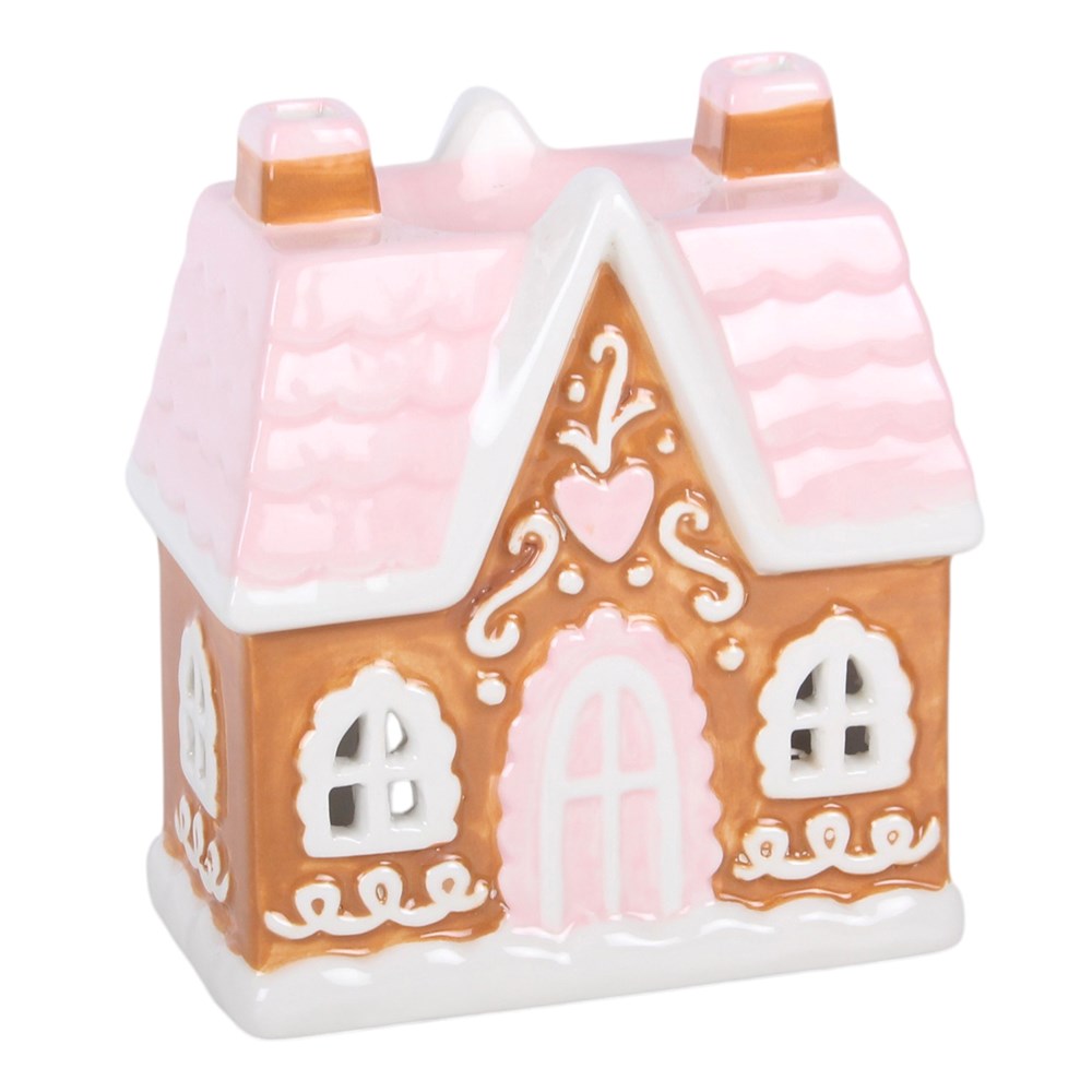 Gingerbread House Ceramic Tealight Holder – Frontansicht rosa