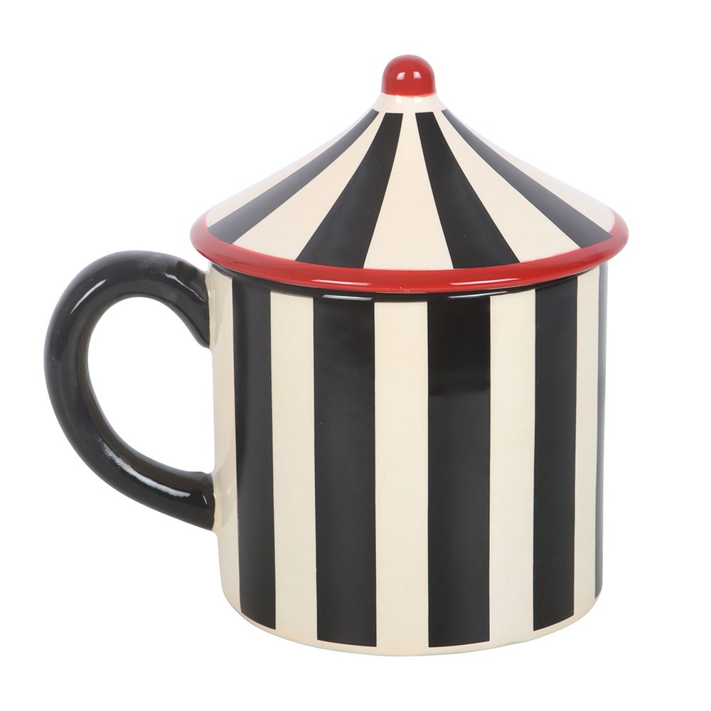 Black Striped Circus Tent Mug - Keramik Tasse mit Zirkuszelt-Deckel
