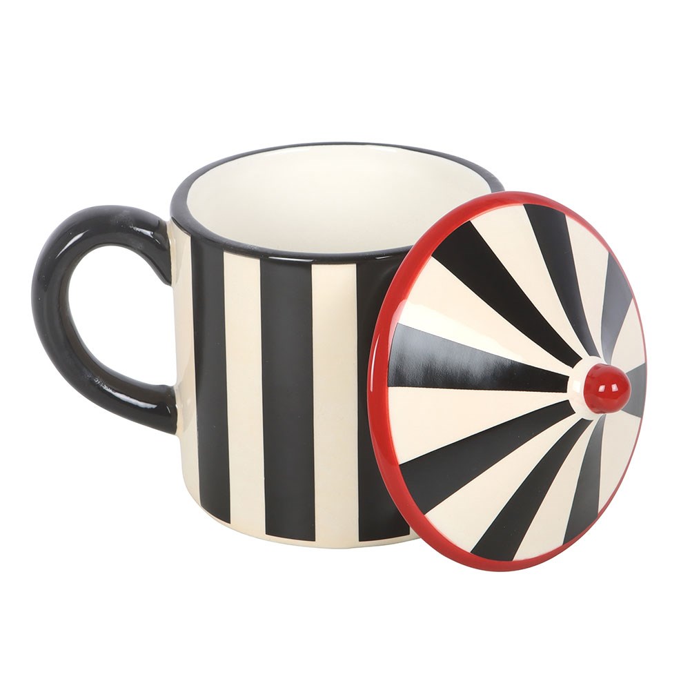 Black Striped Circus Tent Mug - Keramik Tasse mit Zirkuszelt-Deckel