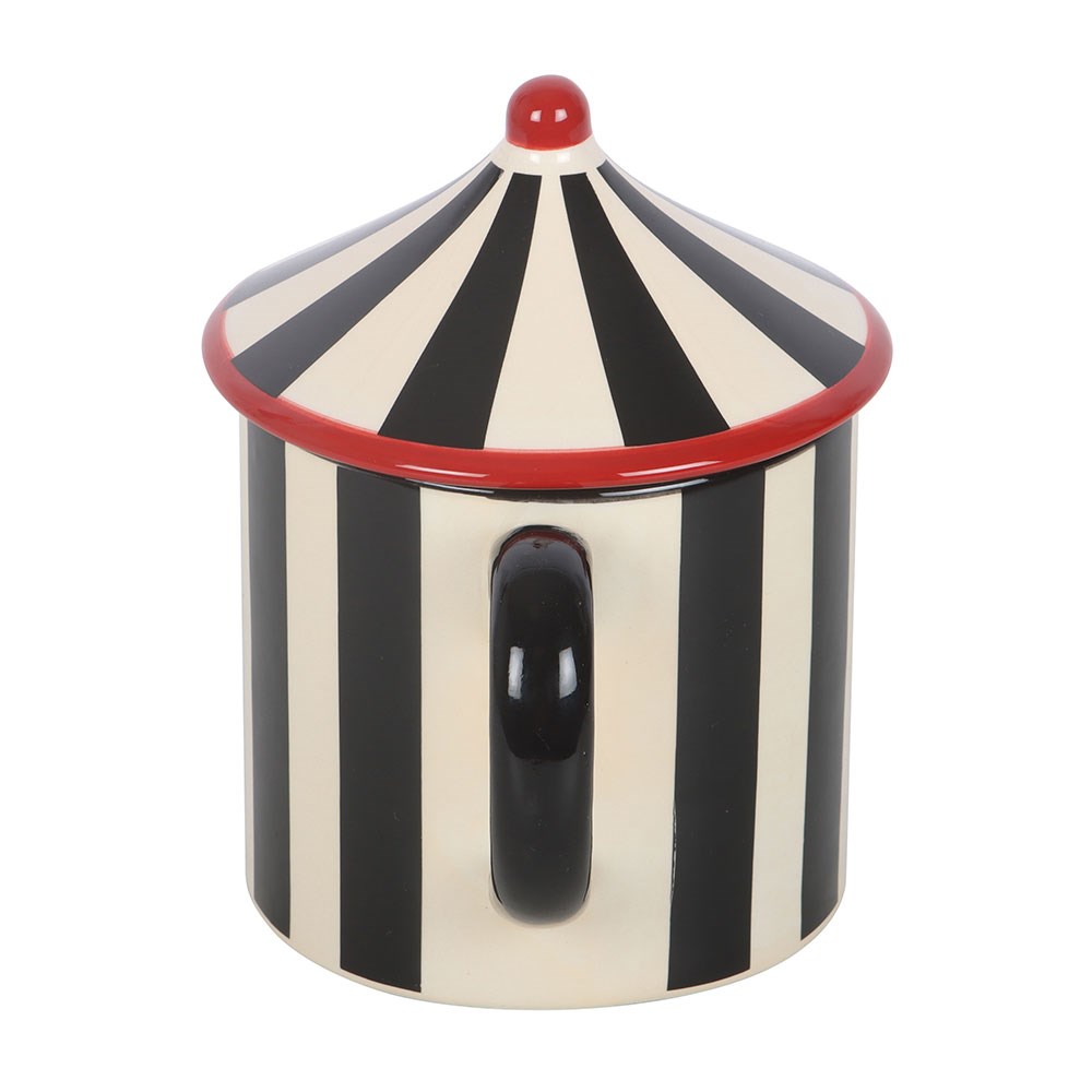Black Striped Circus Tent Mug - Keramik Tasse mit Zirkuszelt-Deckel