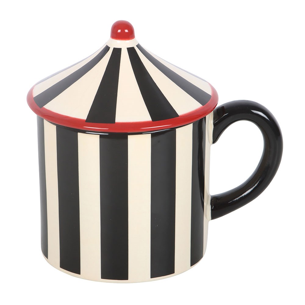 Black Striped Circus Tent Mug - Keramik Tasse mit Zirkuszelt-Deckel