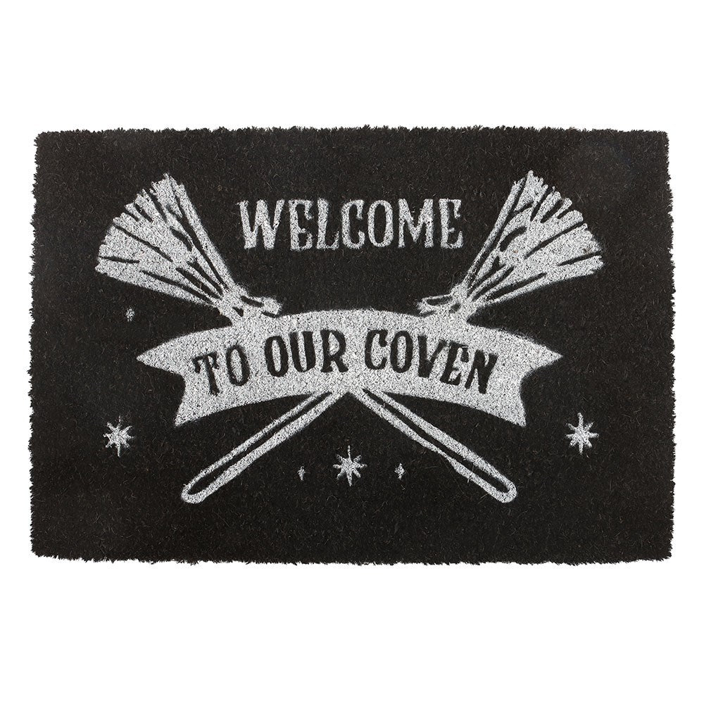 Gothic Türvorleger Fußmatte "Welcome to Our Coven" in schwarz Hexenbesen