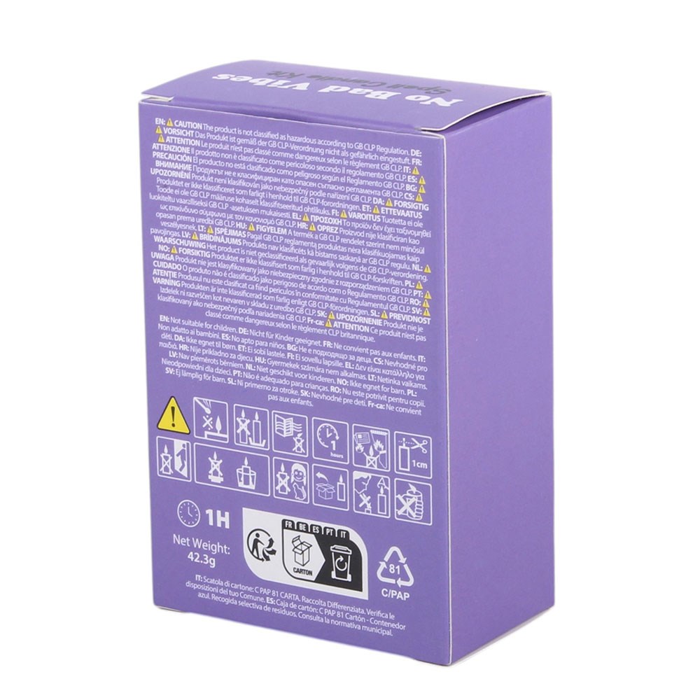 No Bad Vibes Spell Candle Kit – Rückseite Verpackung mit Sicherheitshinweisen