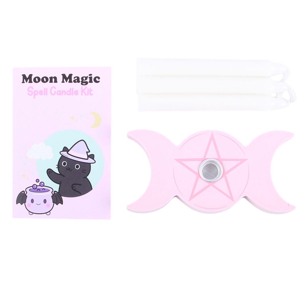 Moon Magic Spell Candle Kit – Inhalt: Kerzen, rosa Triple Moon Halter & Karte