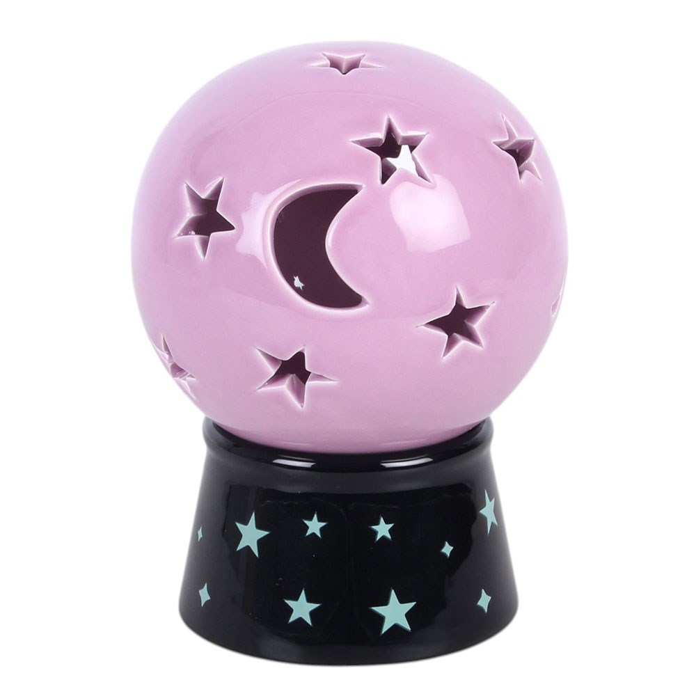 Kristallkugel Duftlampe rosa – Frontansicht mit Mond & Sterne