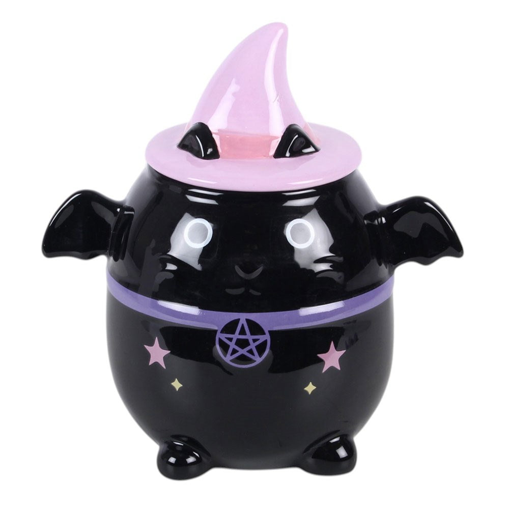 Kawaii Cauldron Bat Oil Burner – Frontansicht schwarz mit rosa Hexenhut-Deckel und Kawaii-Gesicht