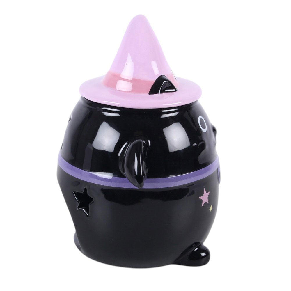Kawaii Cauldron Bat Oil Burner – Seitenansicht mit Sternausschnitten und Hexenhut