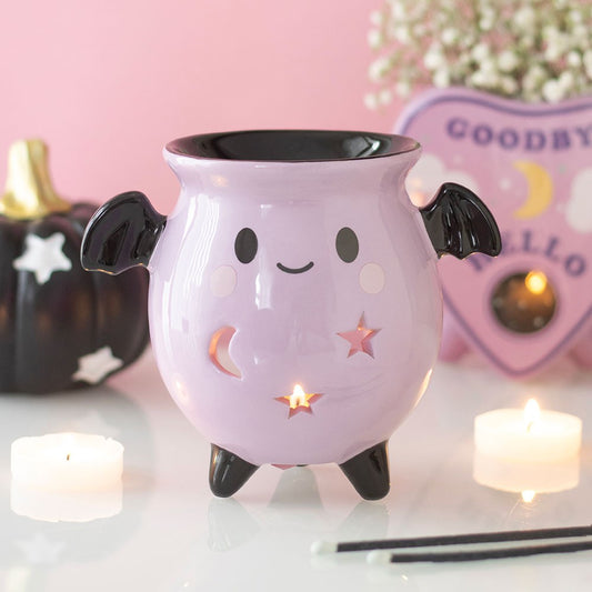 Kawaii Duftlampe rosa Keramik mit Fledermausflügeln Hexenkessel
