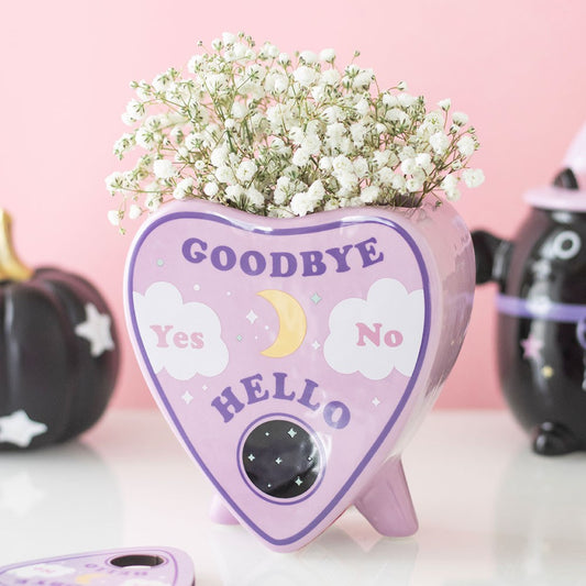 Ouija Planchette Vase violett – Frontansicht mit Motiv