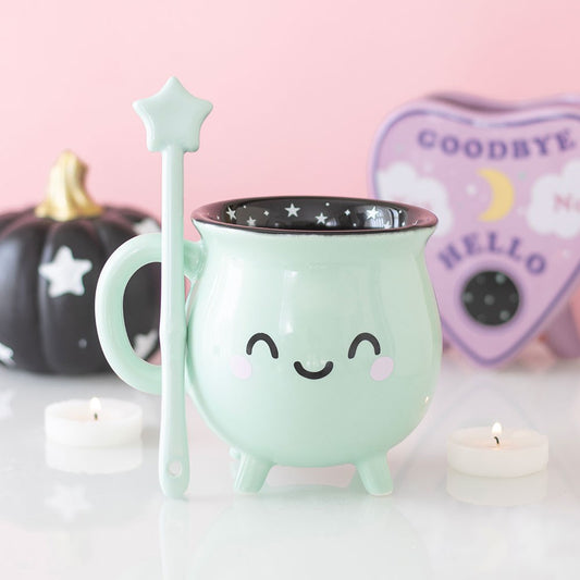 Kawaii Hexenkessel Tasse & Zauberstab – Türkis/Schwarz