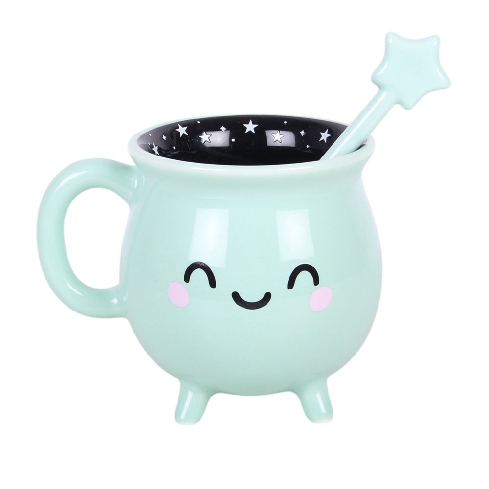 Kawaii Hexenkessel Tasse & Zauberstab – Türkis/Schwarz