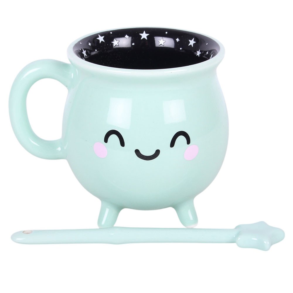 Kawaii Hexenkessel Tasse & Zauberstab – Türkis/Schwarz