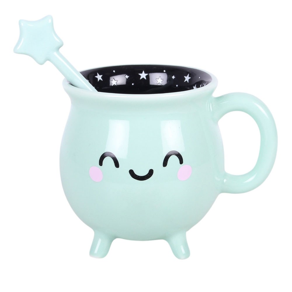 Kawaii Hexenkessel Tasse & Zauberstab – Türkis/Schwarz