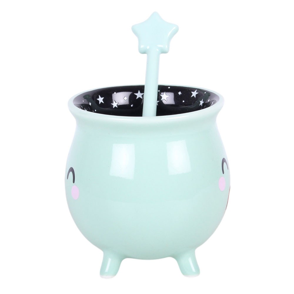 Kawaii Hexenkessel Tasse & Zauberstab – Türkis/Schwarz
