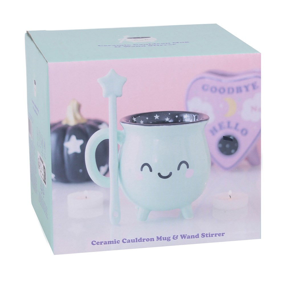 Kawaii Hexenkessel Tasse & Zauberstab – Türkis/Schwarz