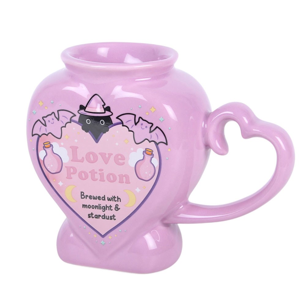 Love Potion Kawaii Cauldron Mug – Frontansicht mit Love Potion Print und Fledermaus-Hexenkatze