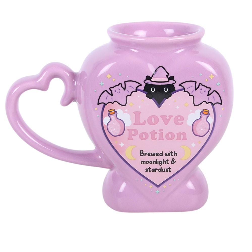 Love Potion Kawaii Cauldron Mug – Rückansicht lila Keramik herzförmiger Henkel