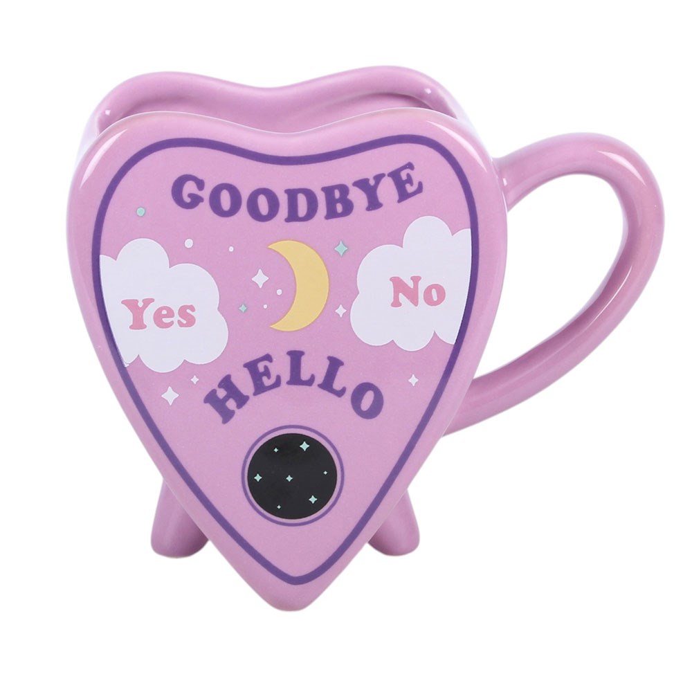 Ouija Planchette Tasse violett – Frontansicht mit Deckel