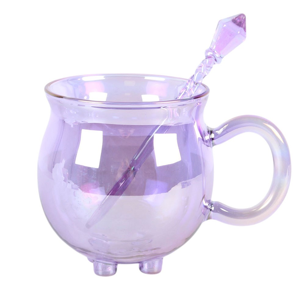 Hexenkessel Glas Tasse violett – mit Kristall-Löffel von oben