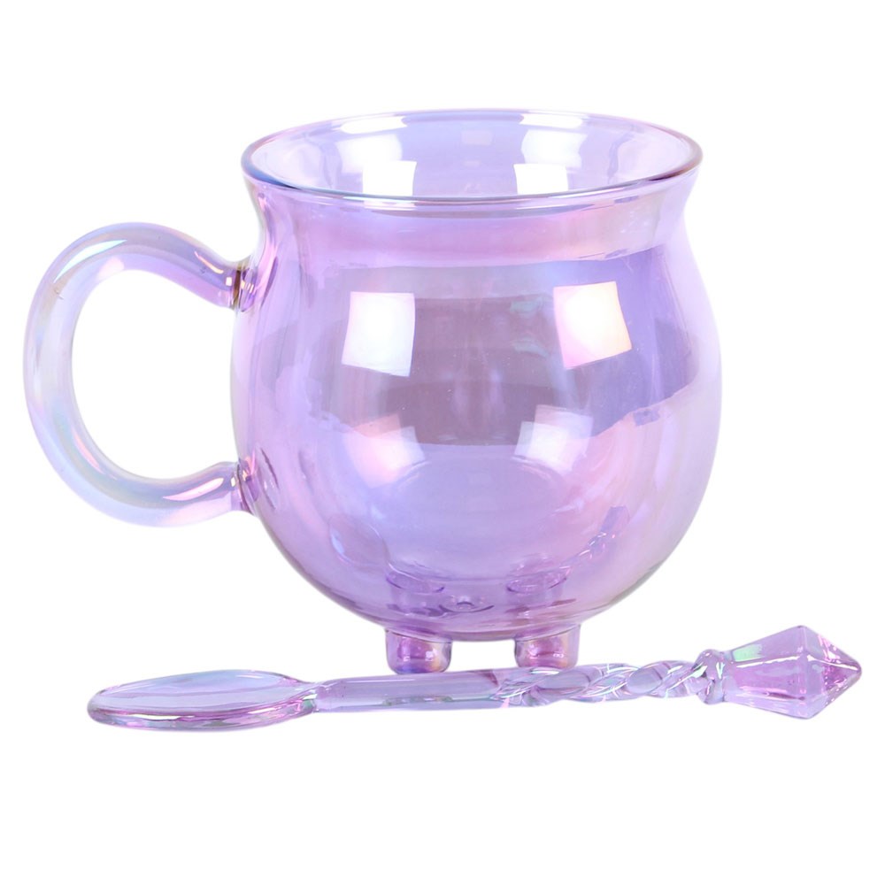Hexenkessel Glas Tasse violett – mit Löffel seitlich