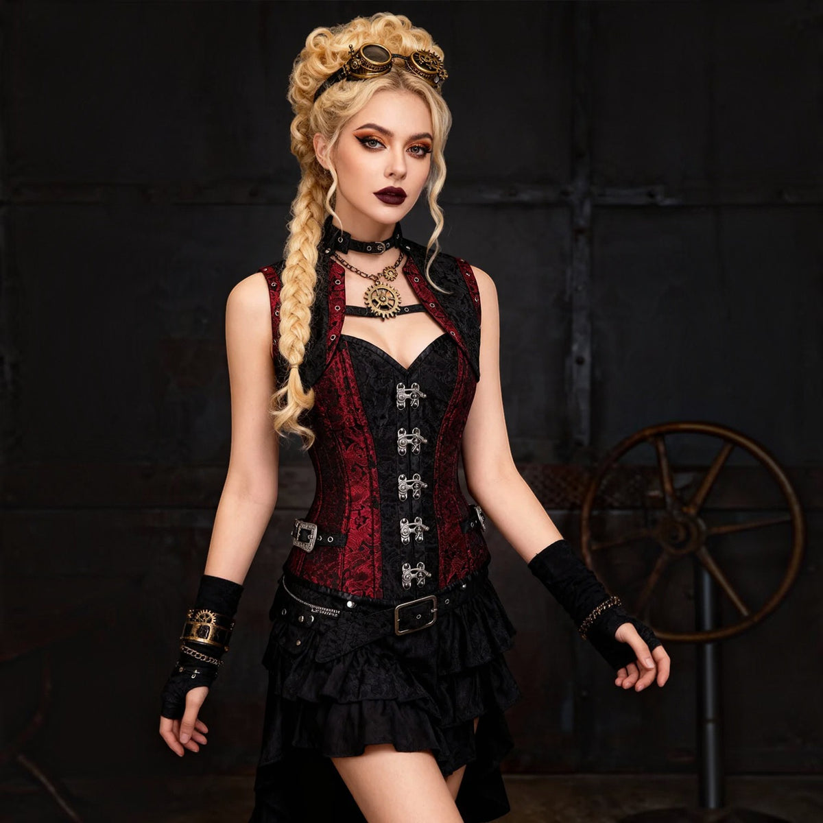 Steampunk-Vollbrustkorsett in Weinrot und Schwarz mit Bolero Gothic