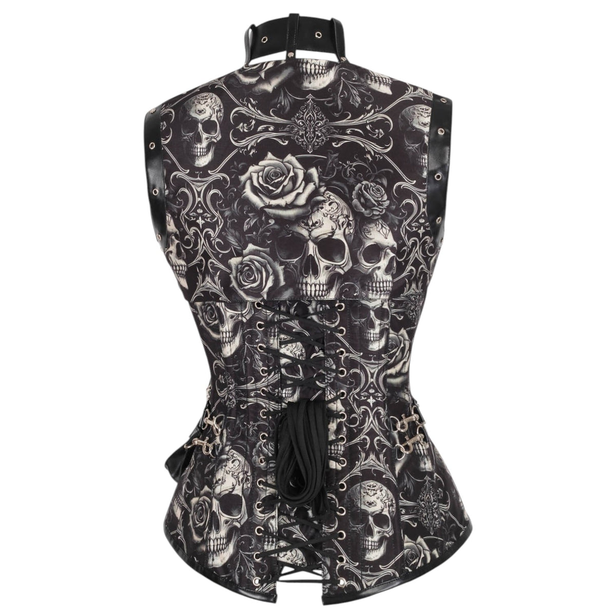 Gothic-Vollbrustkorsett „Skull" mit Totenkopf-Barockprint und Bolero