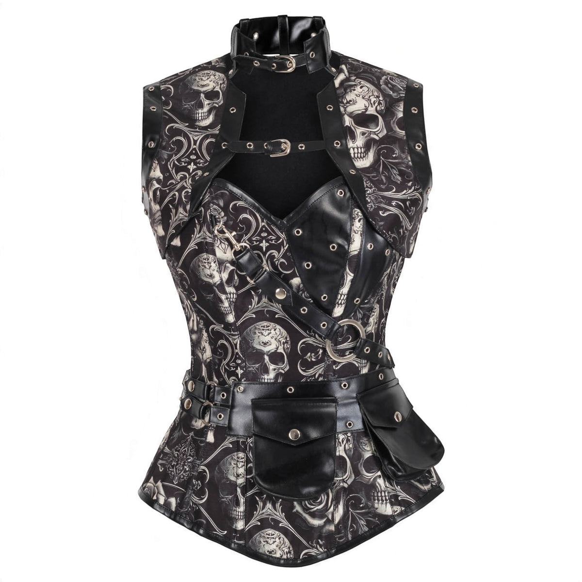 Gothic-Vollbrustkorsett „Skull" mit Totenkopf-Barockprint und Bolero