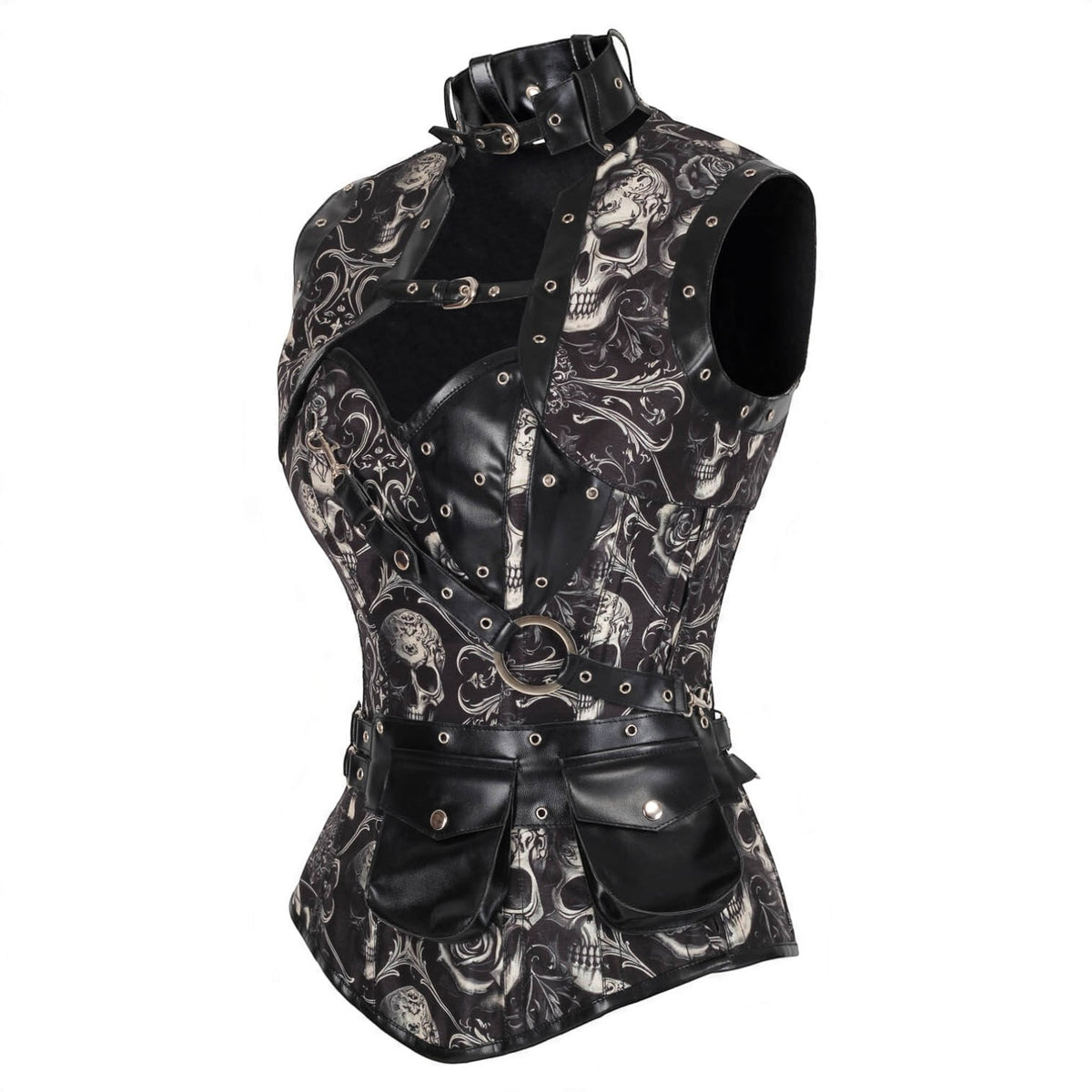 Gothic-Vollbrustkorsett „Skull" mit Totenkopf-Barockprint und Bolero