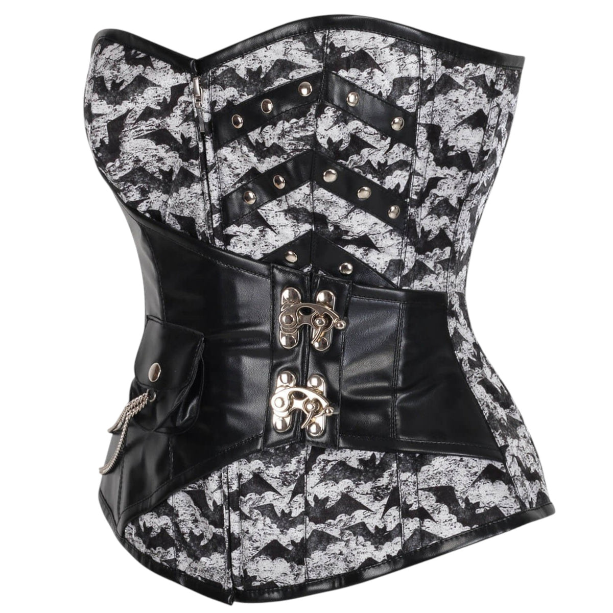 Gothic Vollbrustkorsett "Bat" mit Fledermausmotiv und Ketten schwarz-grau