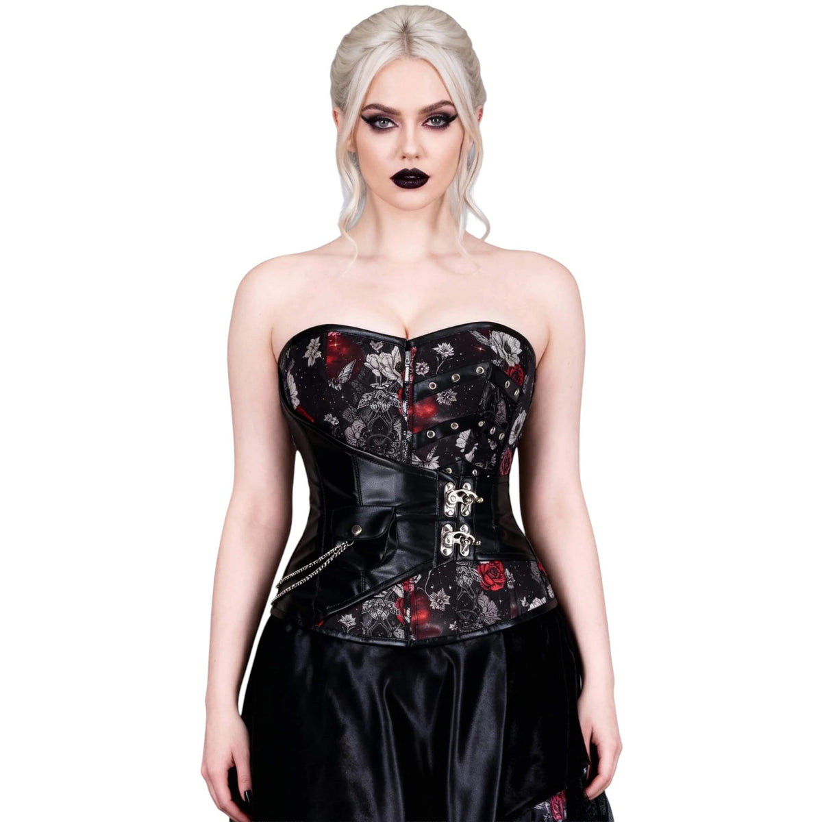 Gothic-Vollbrustkorsett „Rosalyn“ mit Rosen und Schmetterlingen