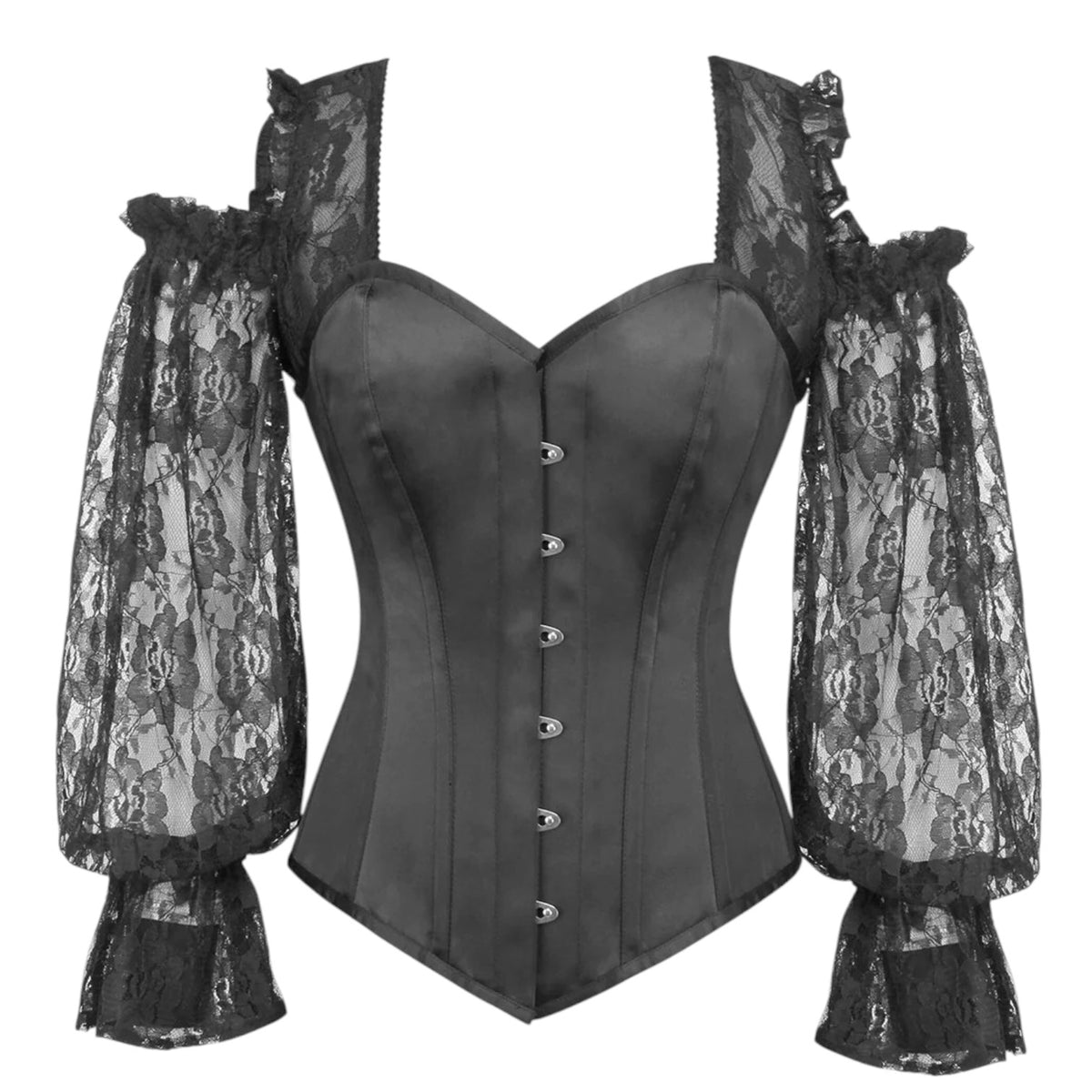 Gothic-Vollbrustkorsett schwarz mit Spitzenärmeln große Größe