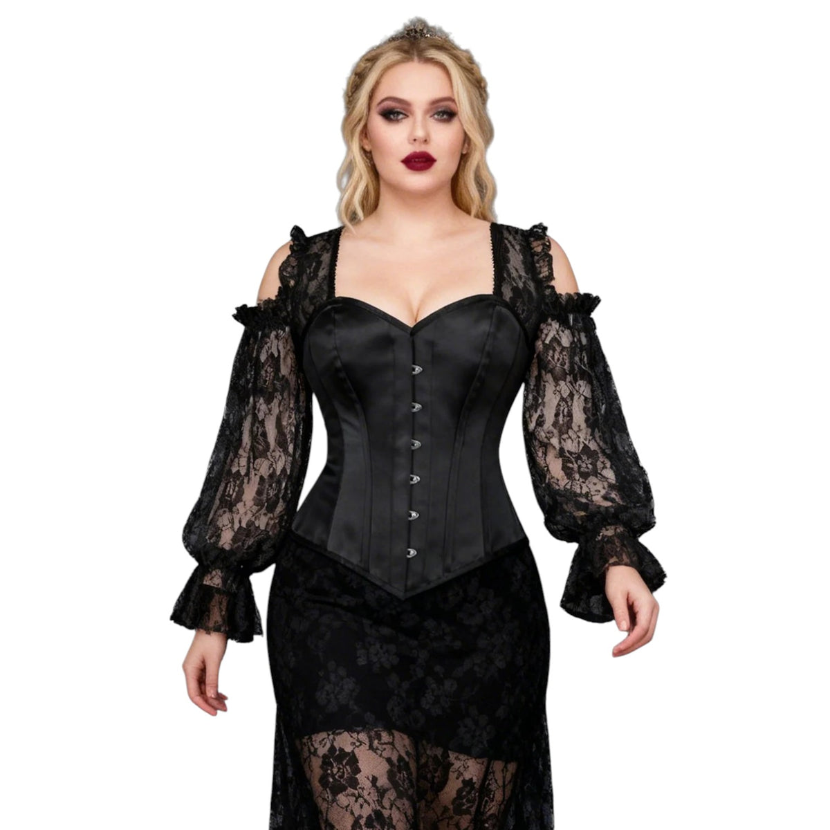 Gothic-Vollbrustkorsett schwarz mit Spitzenärmeln große Größe