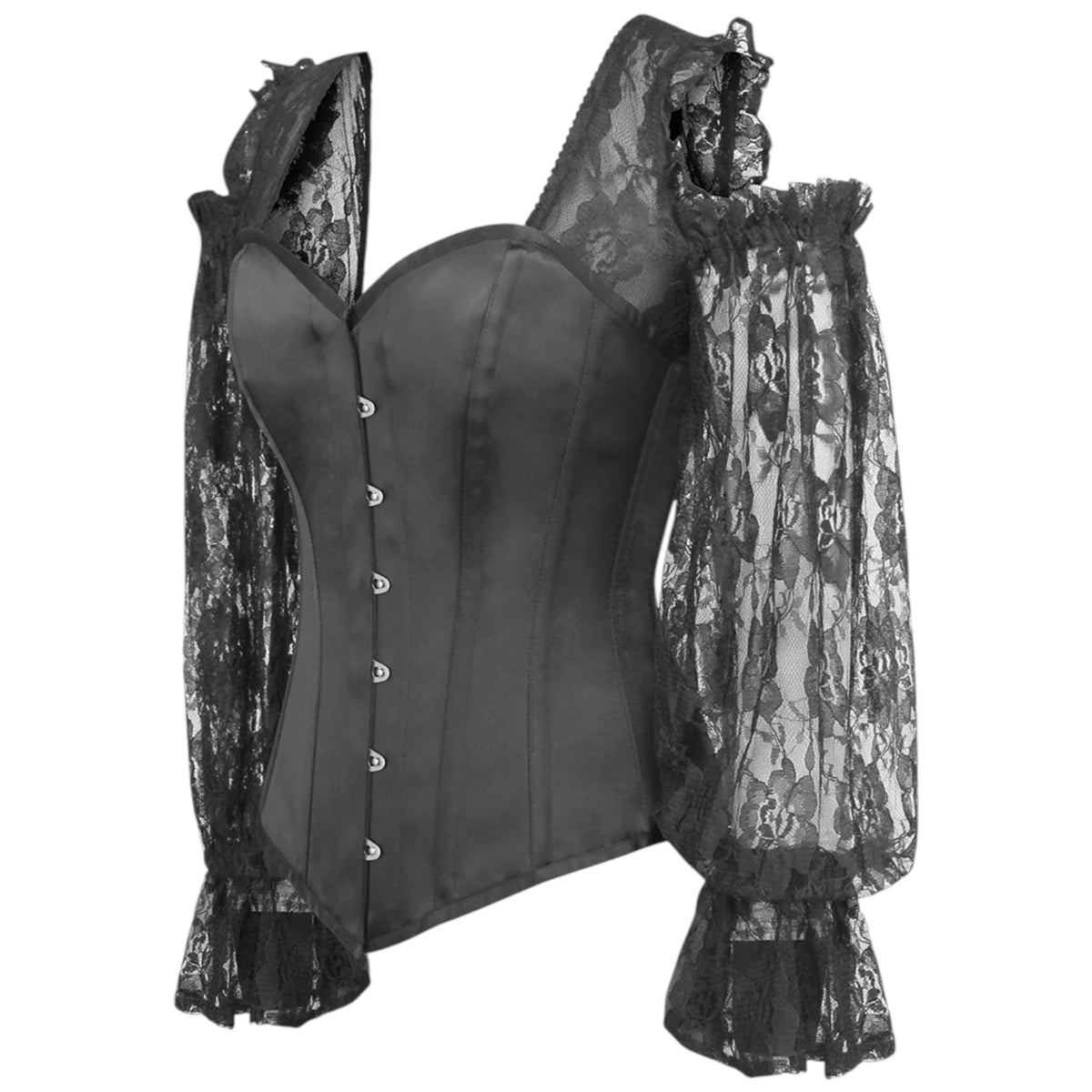 Gothic-Vollbrustkorsett schwarz mit Spitzenärmeln große Größe