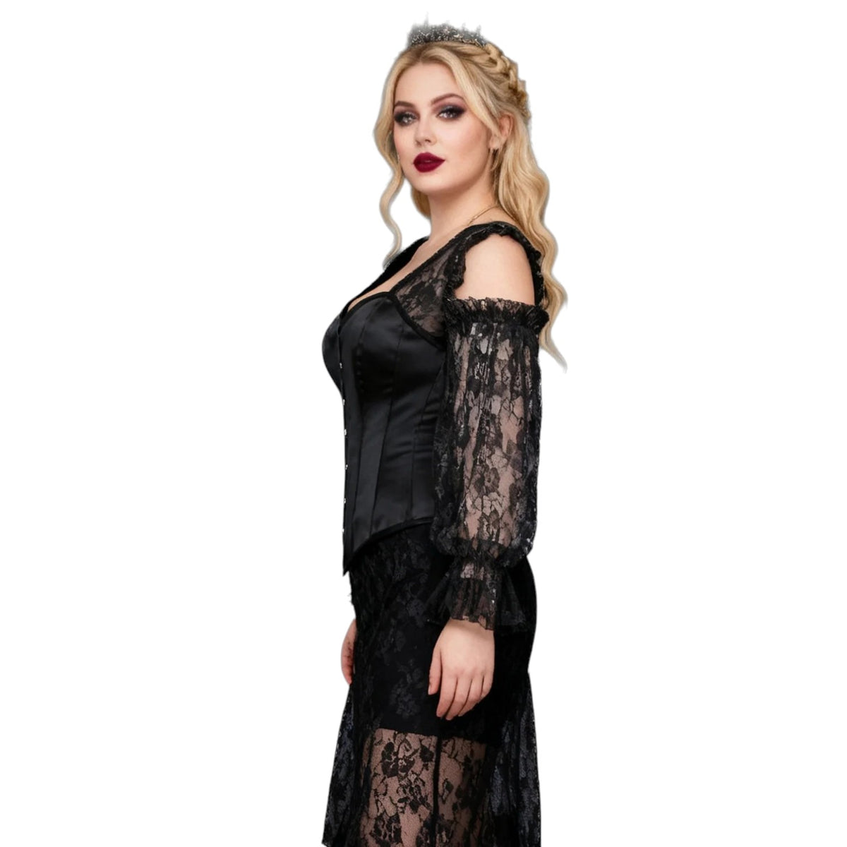 Gothic-Vollbrustkorsett schwarz mit Spitzenärmeln große Größe