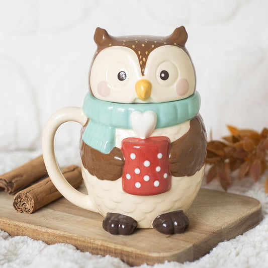 Süße Keramik Tasse Eule mit Deckel – Oliver Owl - Becher Herbst