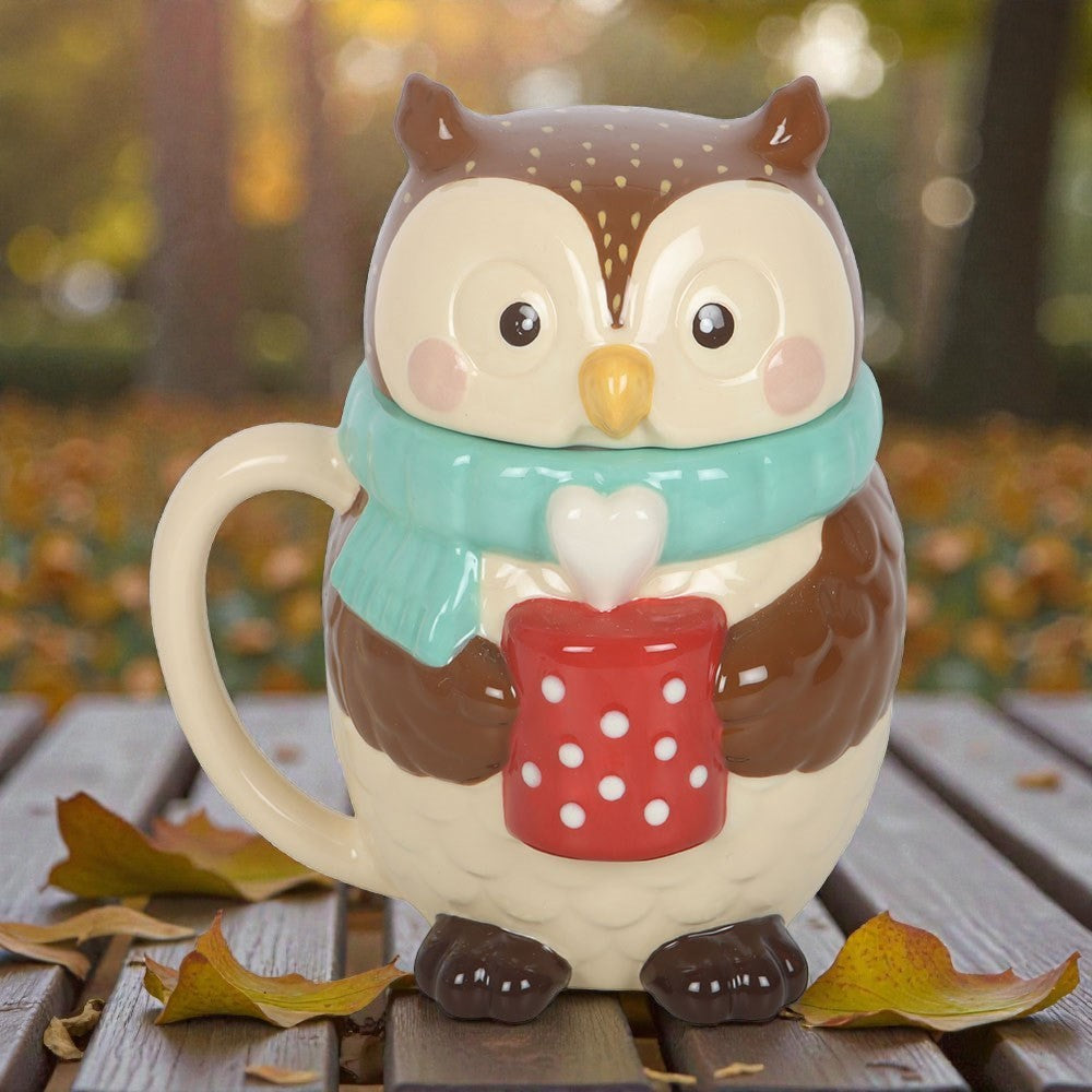 Süße Keramik Tasse Eule mit Deckel – Oliver Owl - Becher Herbst