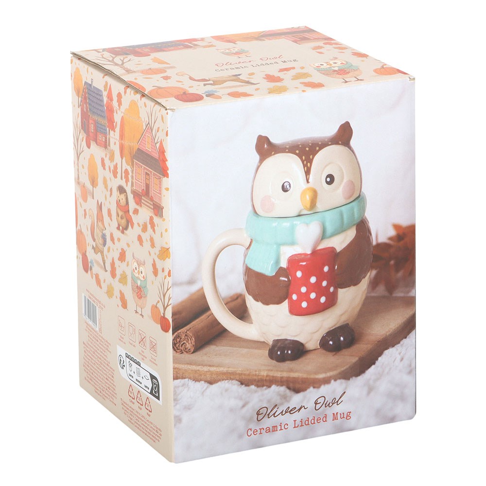 Süße Keramik Tasse Eule mit Deckel – Oliver Owl - Becher Herbst