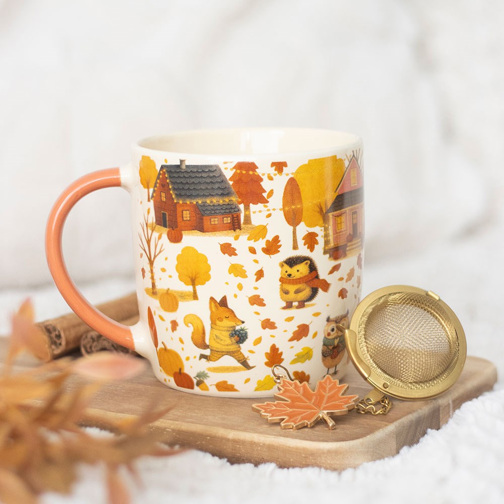 Süße Kermaik Tasse Herbst-Waldtiere mit goldenem Tee-Ei