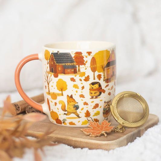Süße Kermaik Tasse Herbst-Waldtiere mit goldenem Tee-Ei