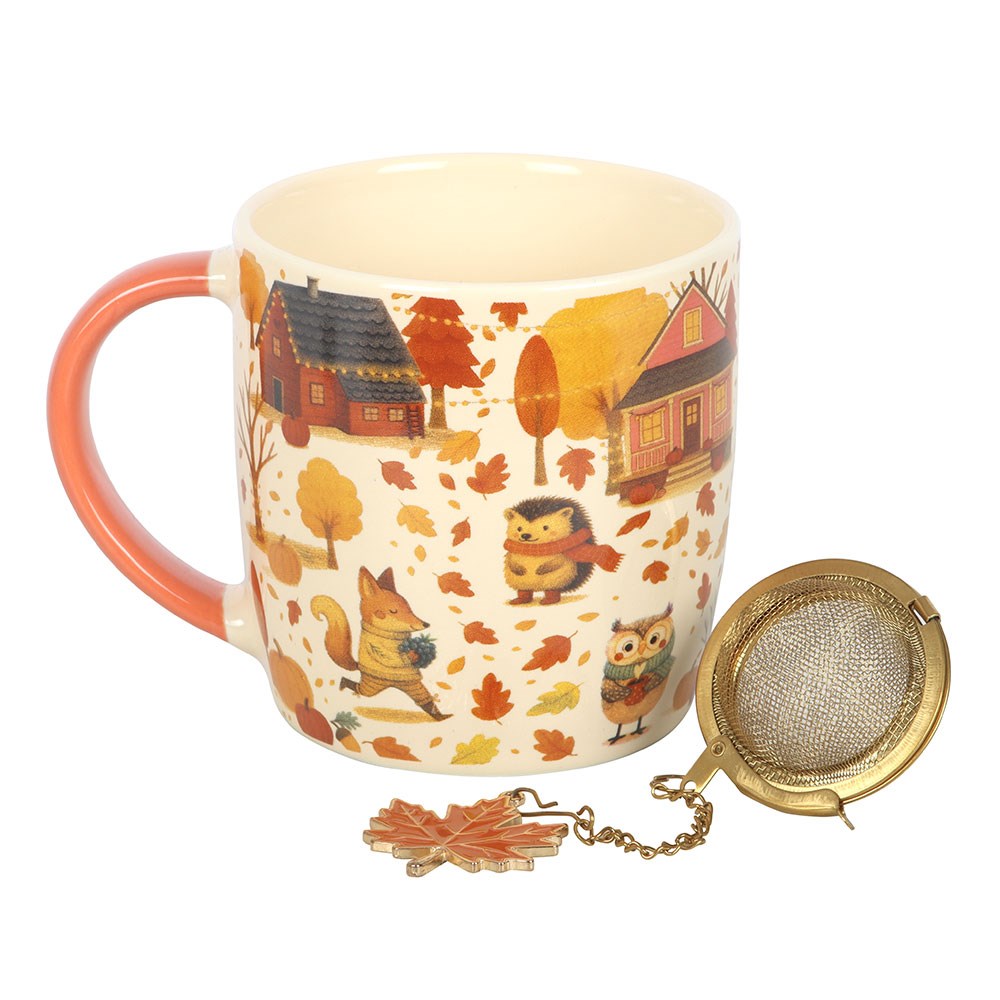 Süße Kermaik Tasse Herbst-Waldtiere mit goldenem Tee-Ei