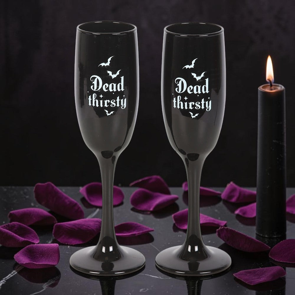 Gothic Sektflöten Sektgläser schwarz "Dead Thirsty" Fledermaus-Motiv Geschenkset 300 ml