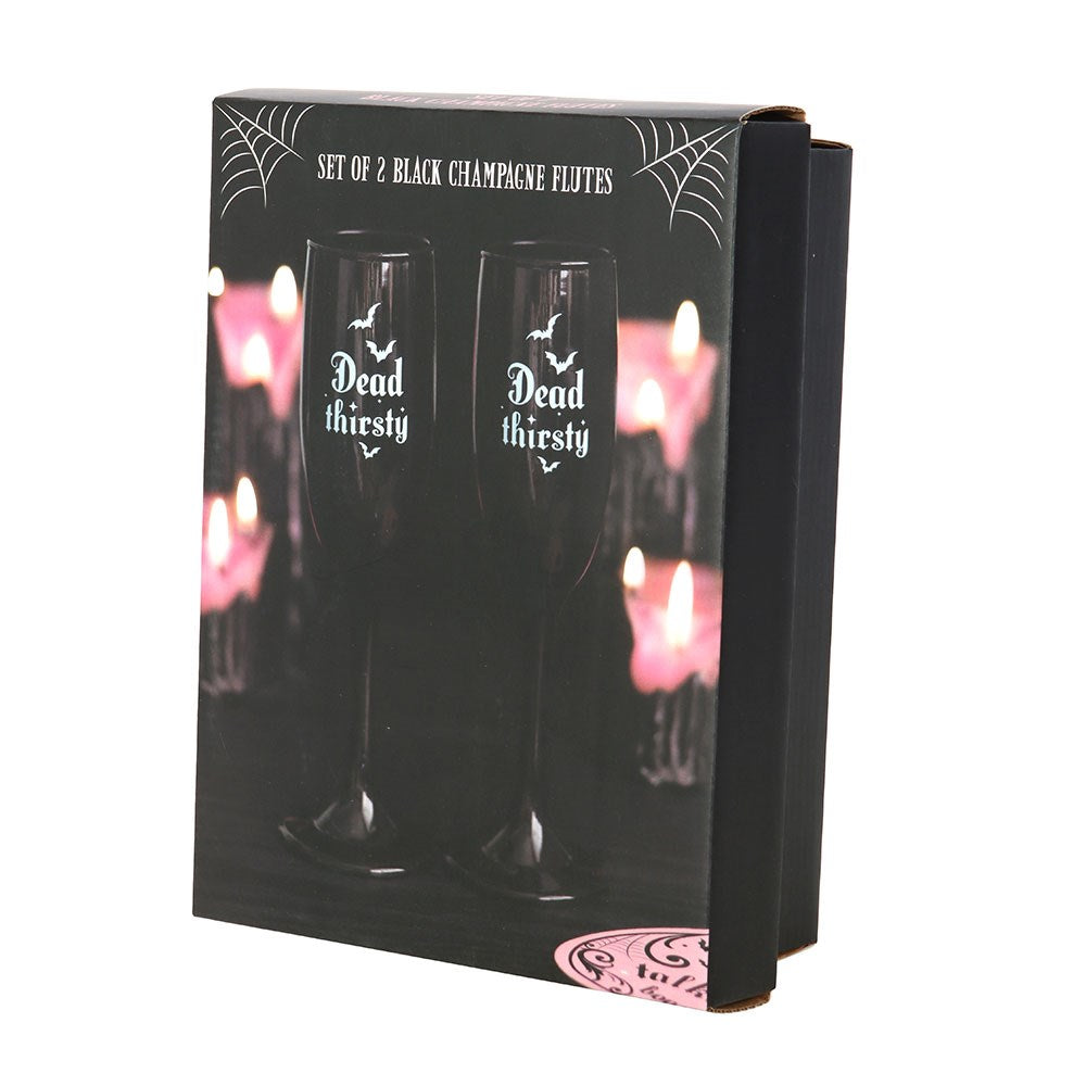 Gothic Sektflöten Sektgläser schwarz "Dead Thirsty" Fledermaus-Motiv Geschenkset 300 ml