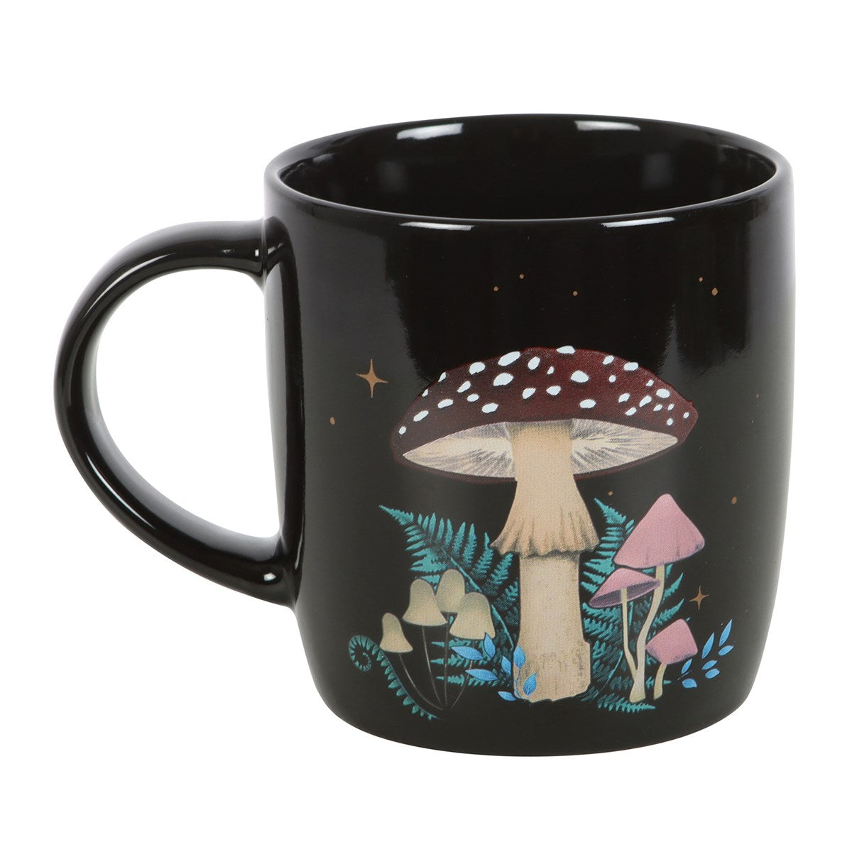 Vintage schwarze Tasse mit Fliegenpilzmotiv 340 ml Dark Forest