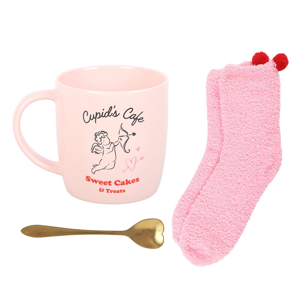 Geschenkset Valentinstag "Cupid's Cafe" Tassen-, Löffel- und Socken-Set