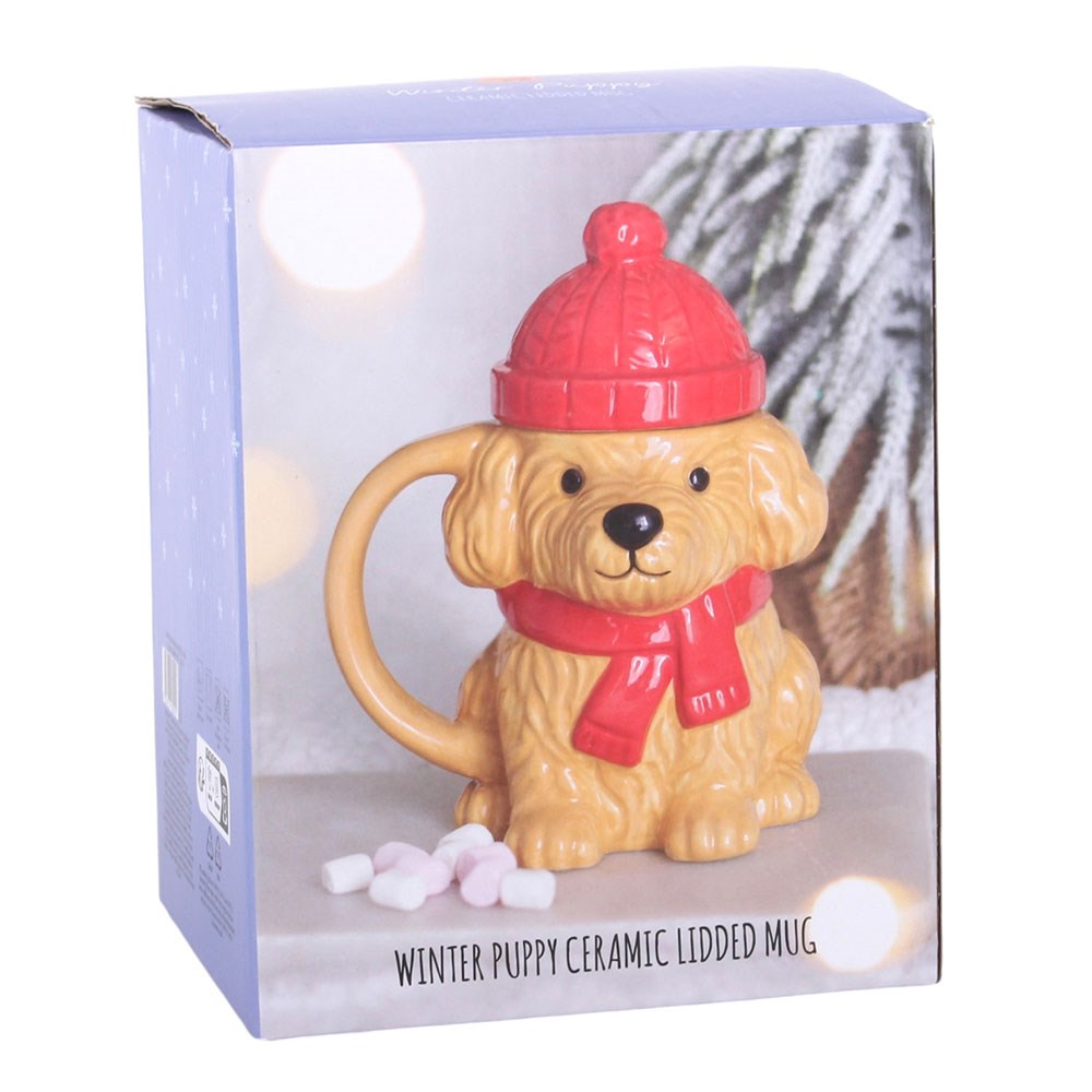 Winter Puppy Ceramic Lidded Mug – Rückansicht
