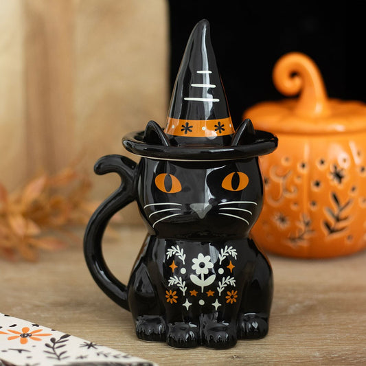 Black Cat with Hexen Tasse Katze mit Deckel "Folk Cat with Witch Hat"