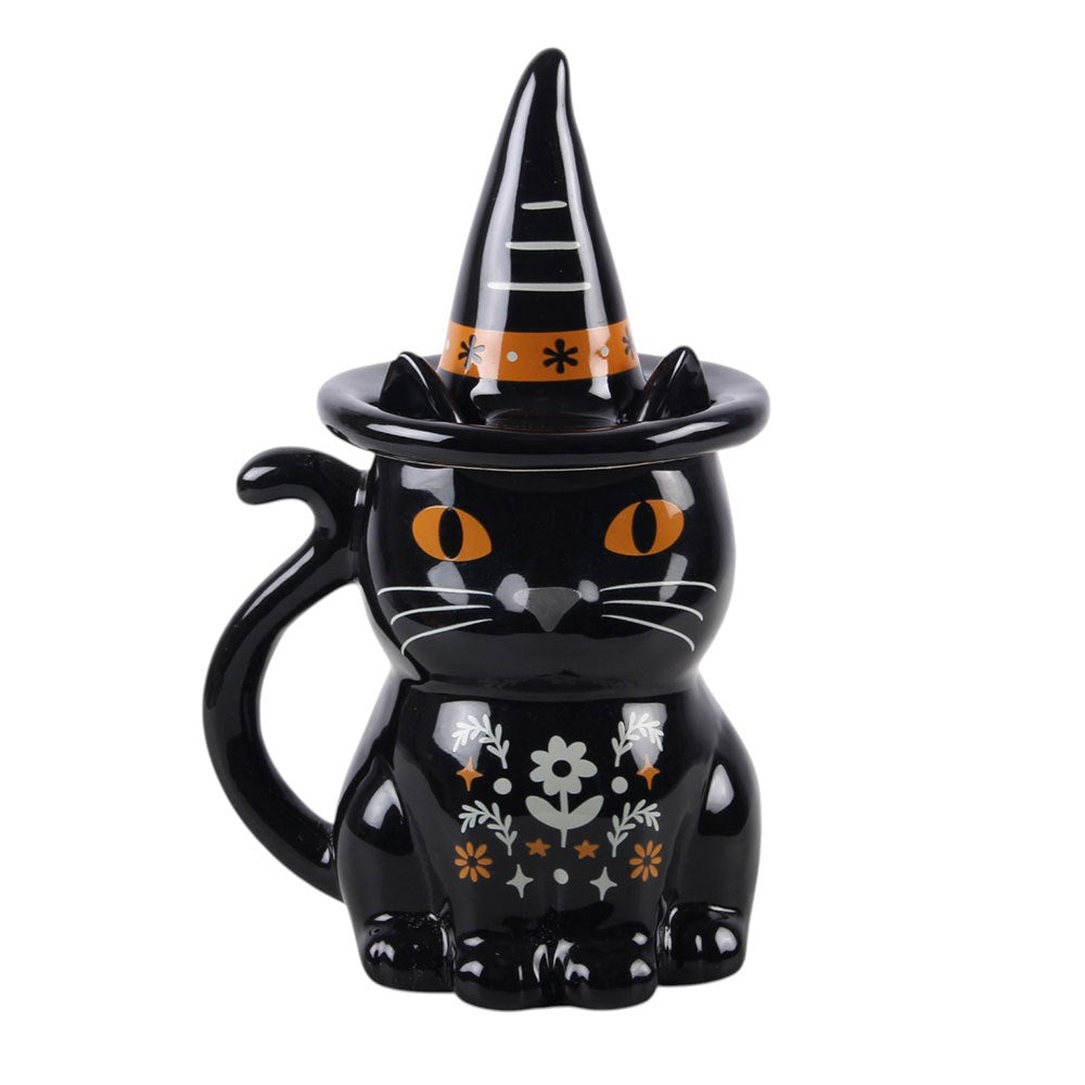 Black Cat with Hexen Tasse Katze mit Deckel "Folk Cat with Witch Hat"